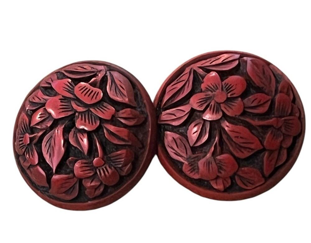 Vintage Carved Flower Floral Red Cinnabar Clip On Earrings Button Stud